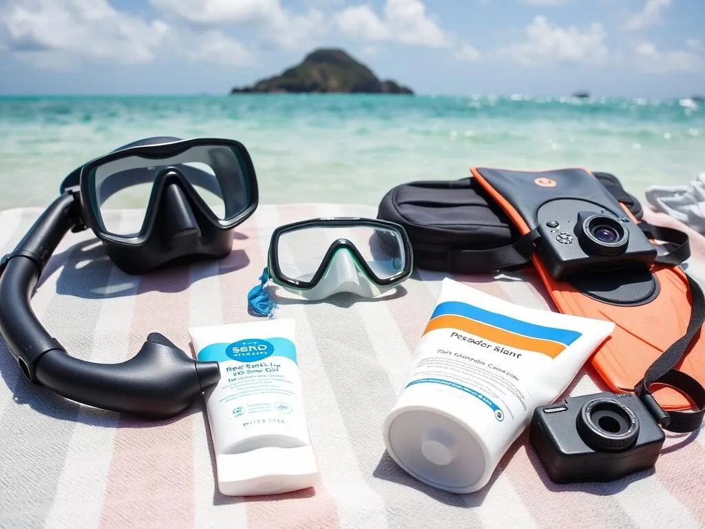 Snorkeling gear laid out on a beach with Pescador Island in background
