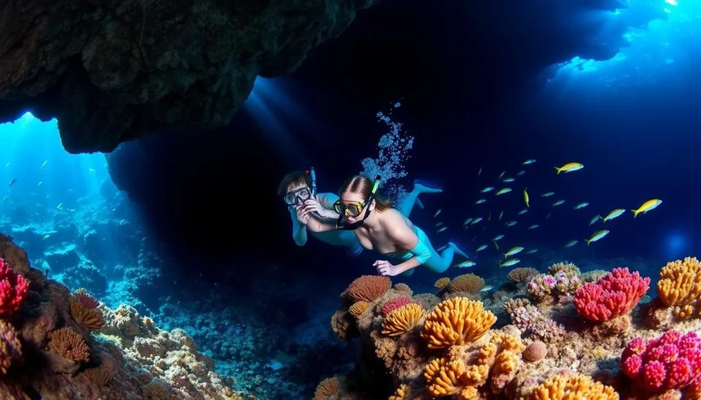 Snorkeling in the Blue Cave on Ishigaki Island with colorful coral and fish Snorkeling in the Blue Cave on Ishigaki Island with colorful coral and fish