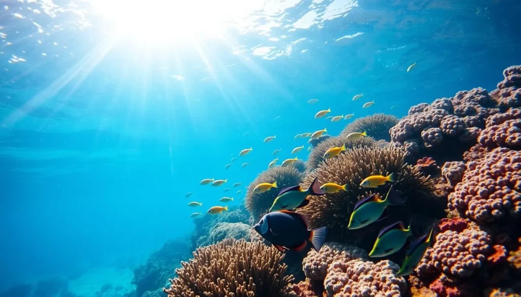 Snorkeling in the clear waters around Sambawan Island with colorful coral reefs and tropical fish visible