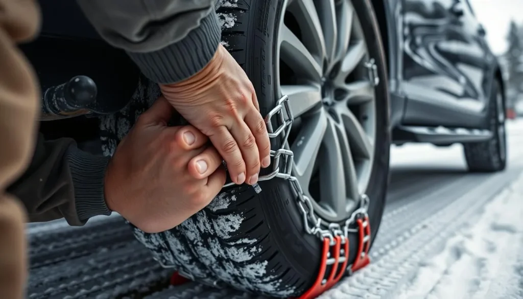 Snow chains being installed on car tires for winter mountain driving