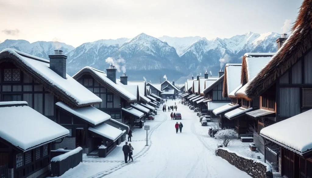 Snow-covered gassho-zukuri farmhouses in Shirakawa-go, a popular day trip from Takayama and one of the best things to do when visiting Takayama Japan