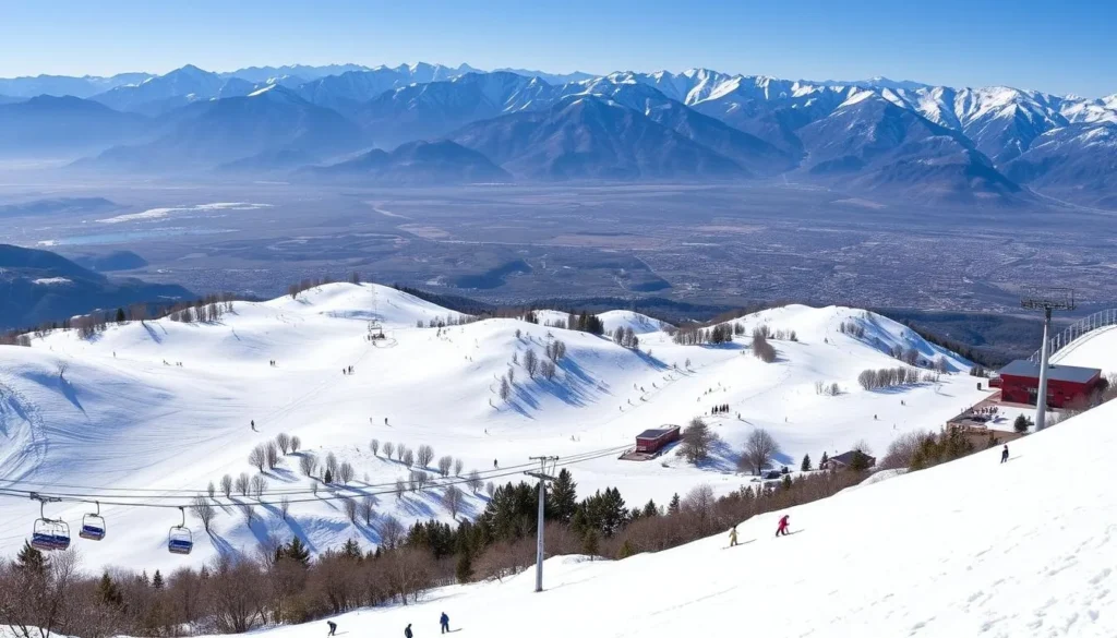 Snow-covered slopes at Tochal Ski Resort near Tehran with skiers, day trip things to do from Tehran Iran Snow-covered slopes at Tochal Ski Resort near Tehran with skiers, day trip things to do from Tehran Iran