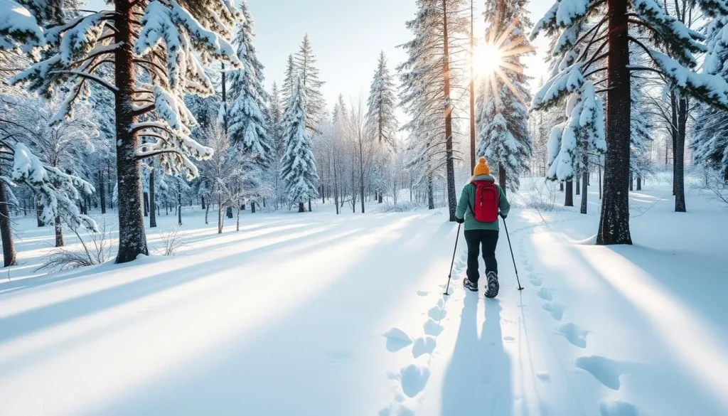 Snowshoeing through a snowy forest in Kuusamo