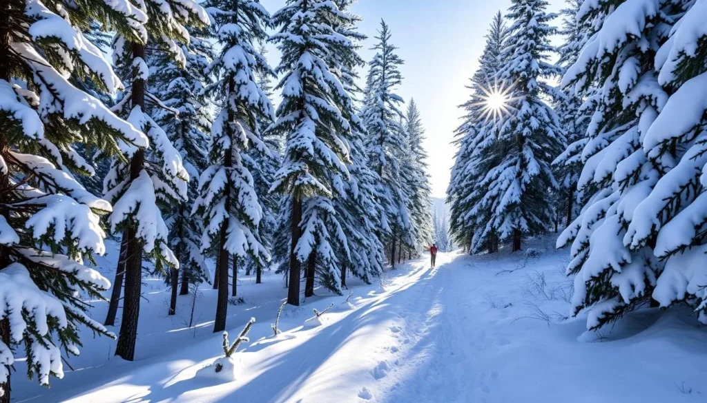 Snowshoeing trail through snow-covered pine forest at Sunlight Mountain
