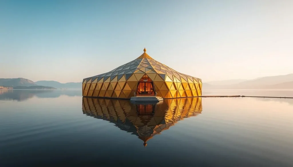 Soria Moria Sauna by Lake Bandak with golden geometric design reflecting in the water
