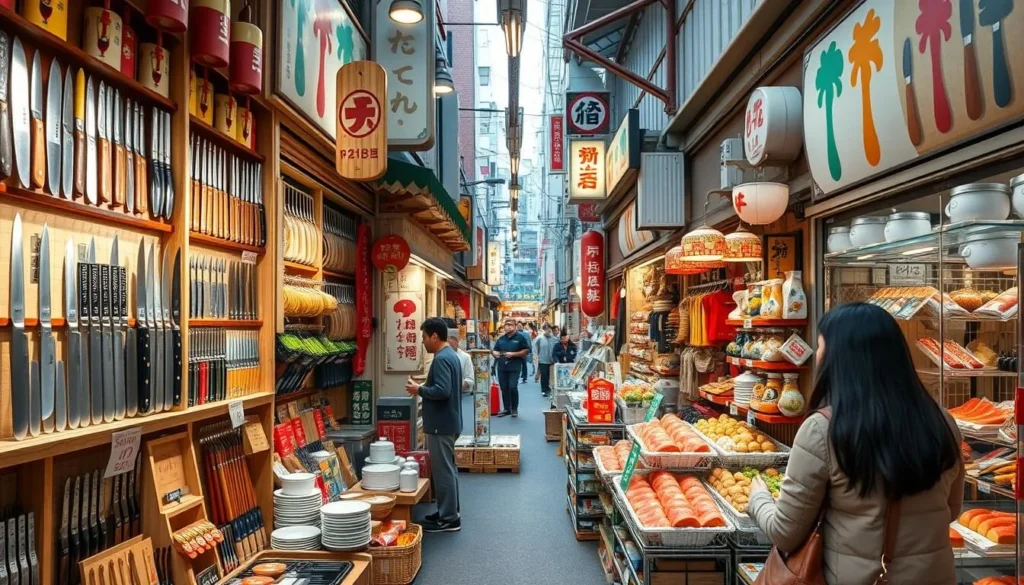 Specialty kitchen supply shops in Doguyasuji Shopping Street with displays of knives, cookware, and realistic plastic food models
