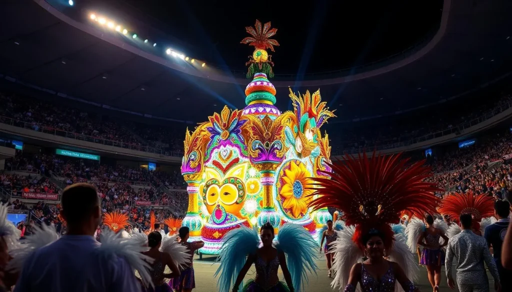 Spectacular float and performers at Rio Carnival in the Sambadrome with elaborate costumes