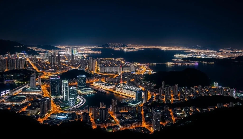 Spectacular night view of Nagasaki City from Mount Inasa observation deck, showing city lights in the harbor basin