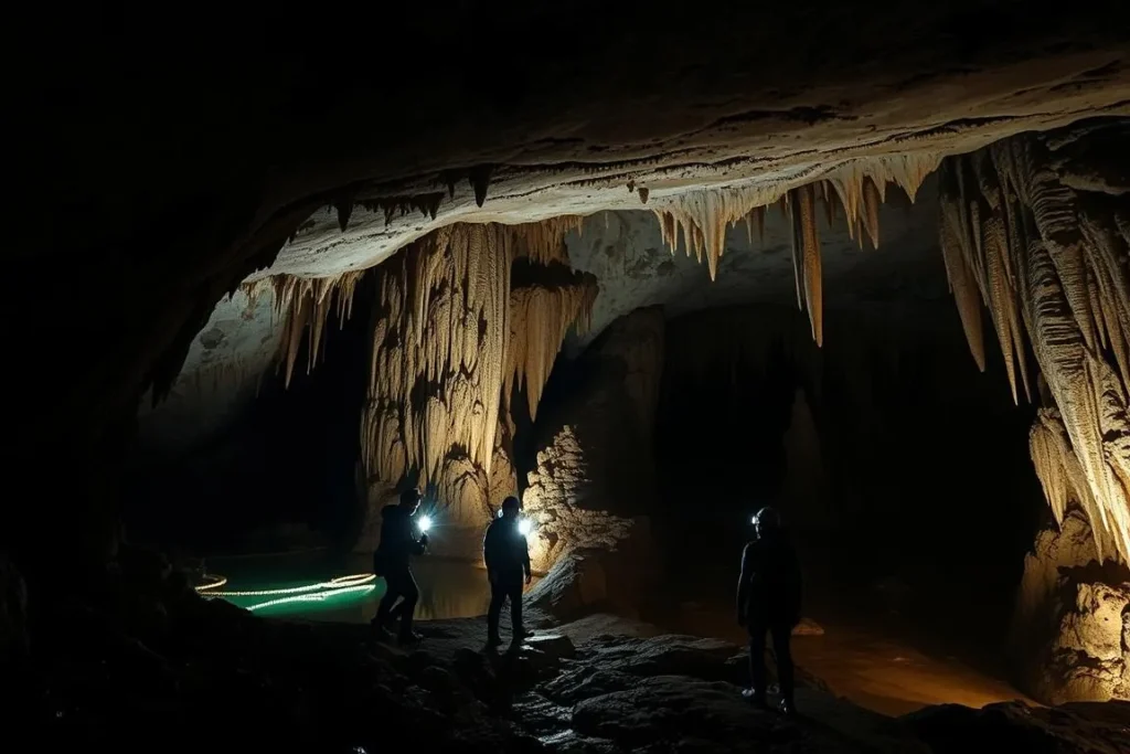 Spelunkers exploring the limestone formations inside Sumaguing Cave in Sagada