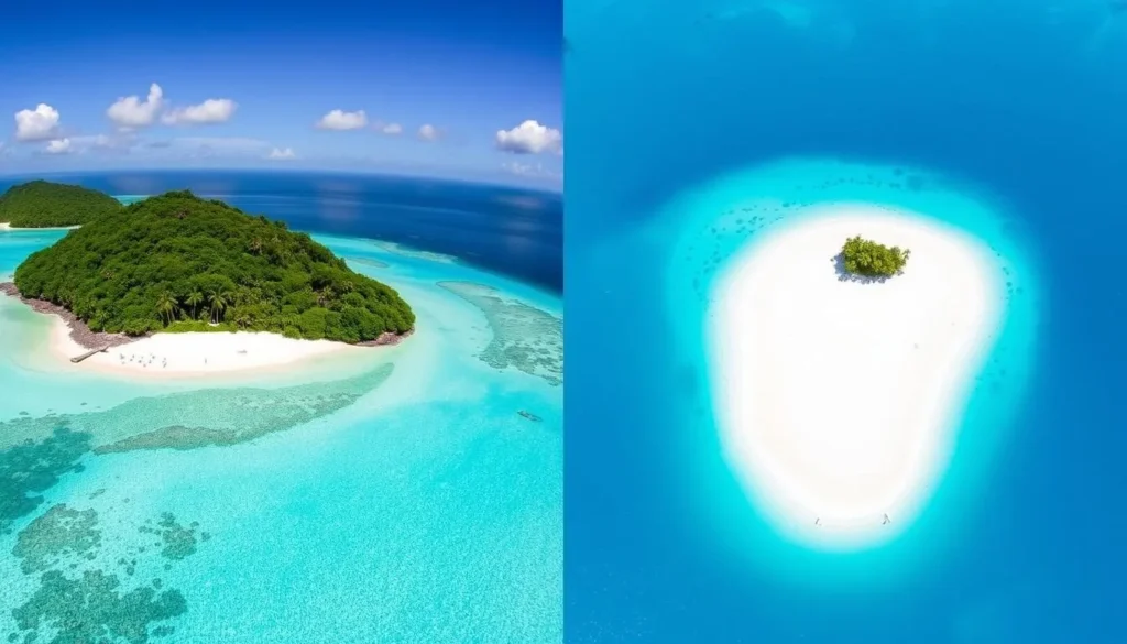 Split image comparing Mantigue Island and White Island in Philippines showing their different characteristics Split image comparing Mantigue Island and White Island in Philippines showing their different characteristics