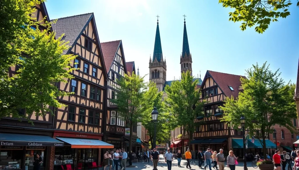 Sprawling half-timbered buildings, their facades adorned with ornate carvings, stand proudly in the heart of New Ulm, Minnesota. Sunlight filters through the lush canopy of trees, casting a warm glow on the bustling streets lined with charming shops and cafes. In the distance, the steeple of a grand Romanesque church towers above, a testament to the town's deep German heritage. Groups of locals and visitors alike stroll leisurely, admiring the meticulously maintained historic architecture and soaking in the vibrant, authentic atmosphere of this quintessential Bavarian-style community.