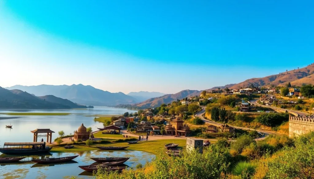 Sprawling hills, verdant landscapes, and winding roads leading to quaint towns - capture the essence of day trips from Rampur, Uttar Pradesh. A picturesque scene unfolds, with a peaceful lake reflecting the azure sky. In the foreground, traditional boats dot the water, while in the middle ground, local markets and historic structures come into view. The background features rolling hills and lush vegetation, bathed in warm, golden sunlight. The overall atmosphere exudes a sense of tranquility and adventure, inviting the viewer to explore the hidden gems that lie beyond Rampur's boundaries.