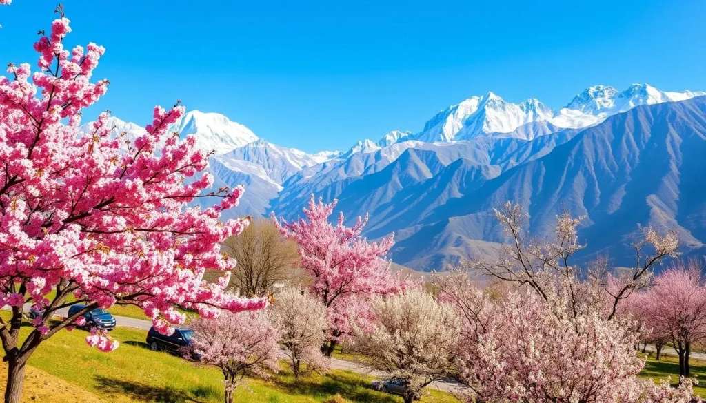 Spring cherry blossoms in Hunza Valley, Pakistan with snow-capped mountains in background