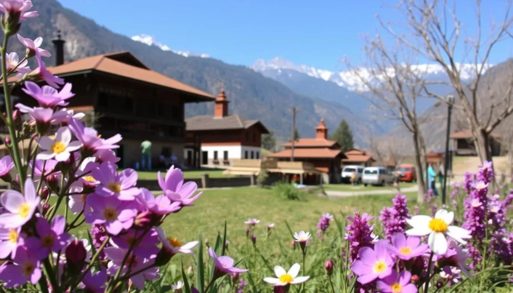 Spring season in Chitlang with blooming flowers and clear mountain views