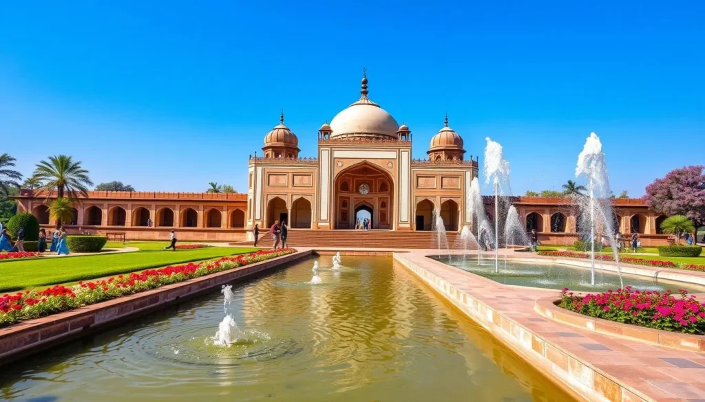 Spring season in Shalimar Gardens, Lahore with blooming flowers and fountains