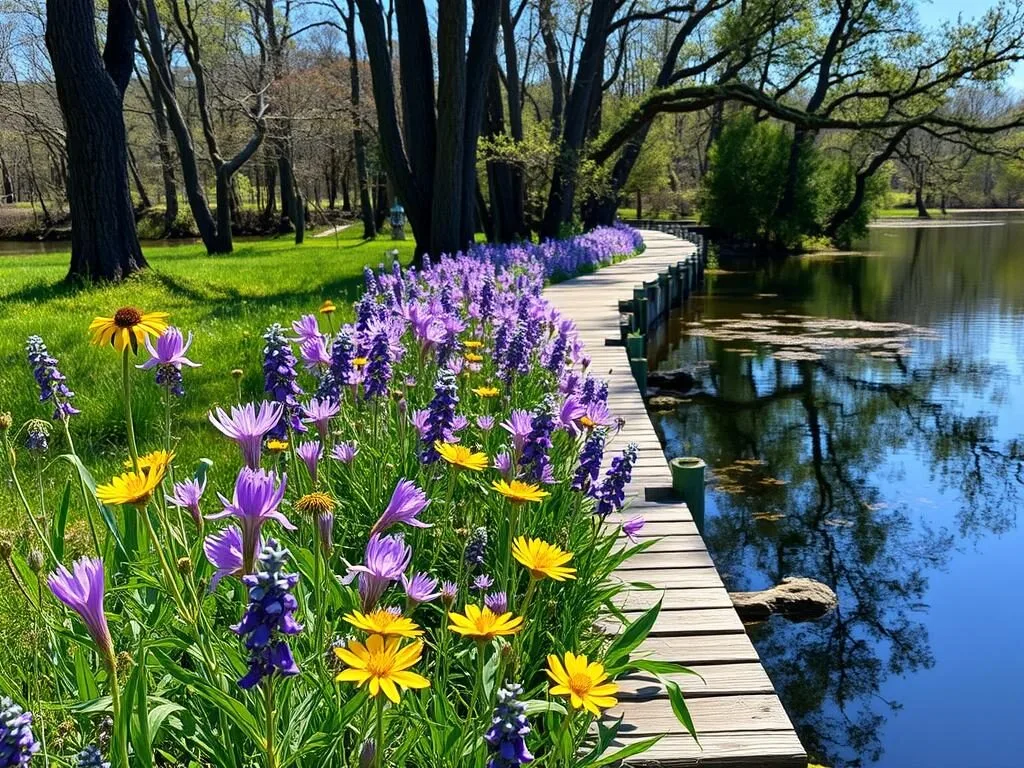 Spring wildflowers blooming along Reelfoot Lake boardwalk trail