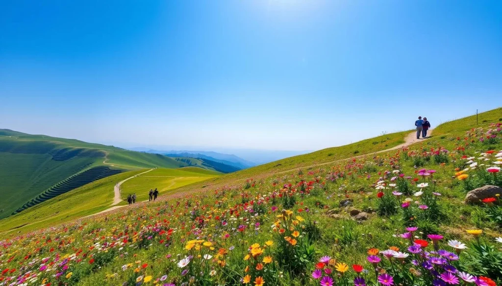 Spring wildflowers blooming in Margalla Hills with hikers on a trail