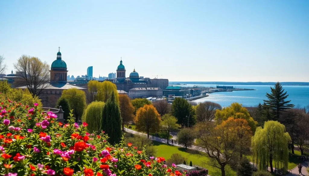 Springtime in Helsinki: Vibrant blooms line the city's picturesque streets, casting a soft, warm glow over the elegant architecture. In the foreground, a lush park comes alive with verdant foliage and colorful flowers, inviting visitors to stroll and enjoy the mild, sun-dappled air. The middle ground features the iconic buildings of downtown Helsinki, their copper roofs gleaming against a clear, azure sky. In the distance, the calm waters of the Baltic Sea glisten, reflecting the city's serene, peaceful atmosphere. The overall scene conveys the sense of Helsinki's spring awakening - a time of renewal, growth, and the joyful embrace of the outdoors.