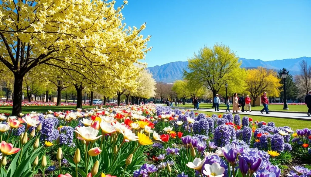 Springtime in Tehran with blooming flowers and mountains in the background, best time to visit for things to do in Tehran Iran Springtime in Tehran with blooming flowers and mountains in the background, best time to visit for things to do in Tehran Iran