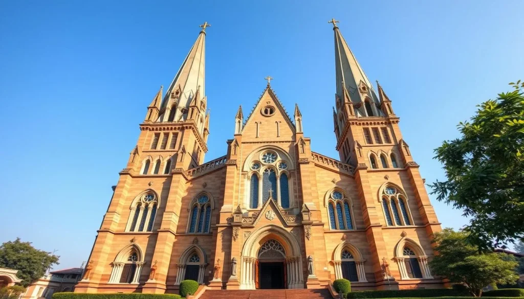St. Philomena's Cathedral in Mysore with its Neo-Gothic architecture featuring tall spires and stained glass windows