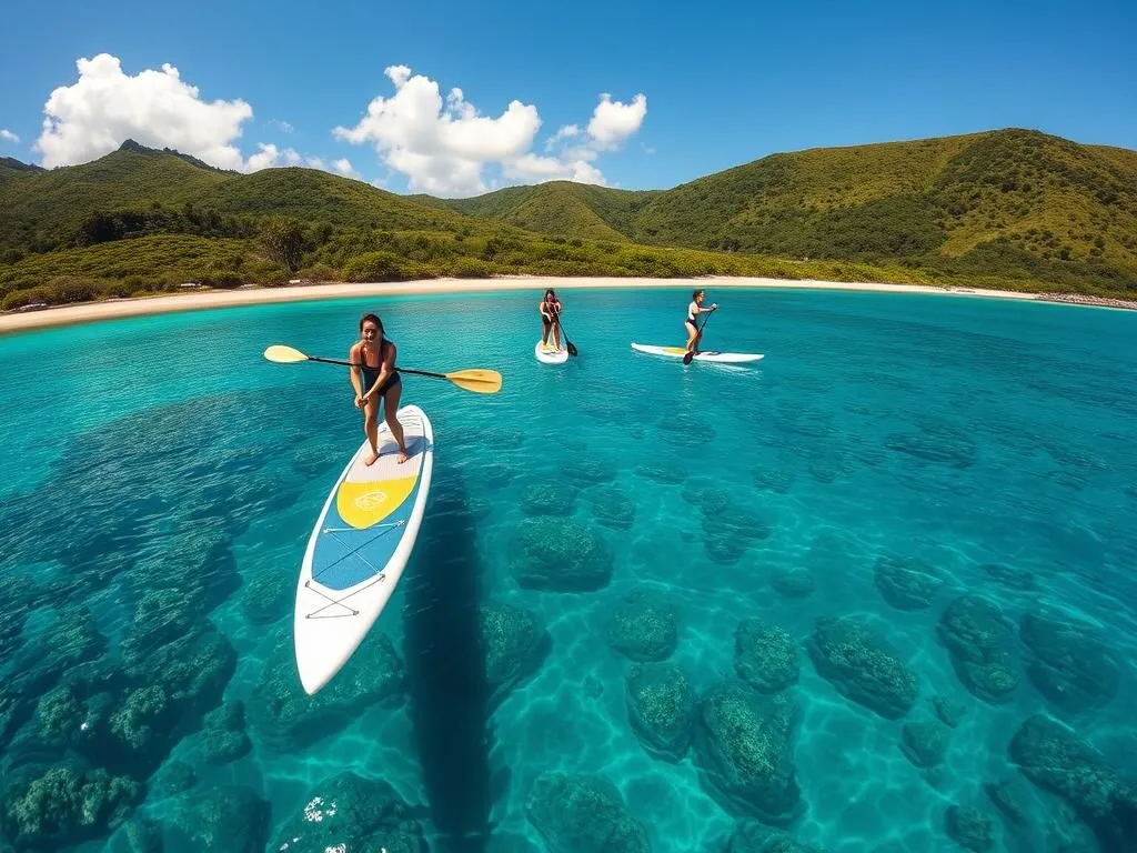 Stand-up paddleboarding near Ishigaki Island with clear water and coral views Stand-up paddleboarding near Ishigaki Island with clear water and coral views