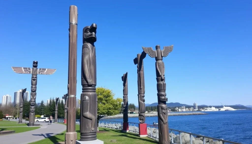 Stanley Park Vancouver with totem poles and Seawall