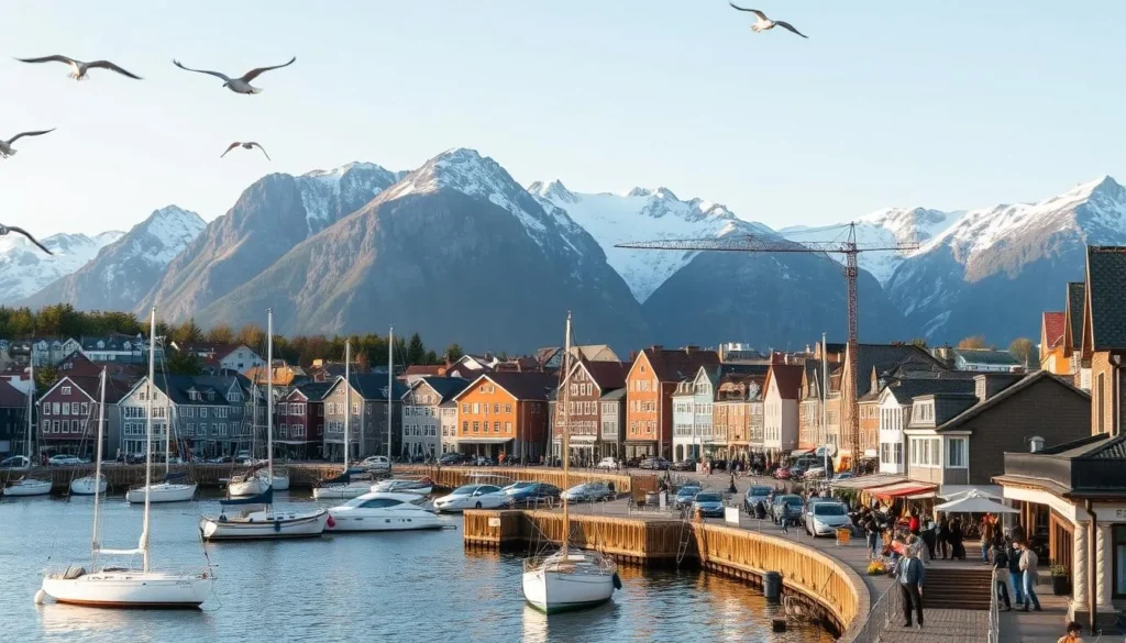 Stavanger cityscape: A picturesque Norwegian harbor town nestled along the fjords, with colorful wooden buildings lining the quaint cobblestone streets. In the foreground, sailboats and fishing vessels bob gently in the calm waters, while seagulls soar overhead. The middle ground features a bustling promenade, lined with cafes and boutiques, where locals and tourists mingle. In the background, towering mountains rise majestically, their snow-capped peaks reflecting the warm, golden light of a sunlit day. Capture the charming atmosphere of this coastal gem, with a focus on the harmonious blend of natural and architectural elements.