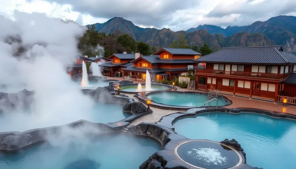 Steaming hot springs at Unzen Onsen with traditional Japanese ryokan in the background