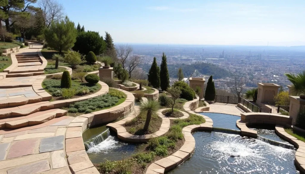 Stone pathways and water features in Jamshidieh Park with Tehran cityscape view, relaxing things to do in Tehran Iran Stone pathways and water features in Jamshidieh Park with Tehran cityscape view, relaxing things to do in Tehran Iran