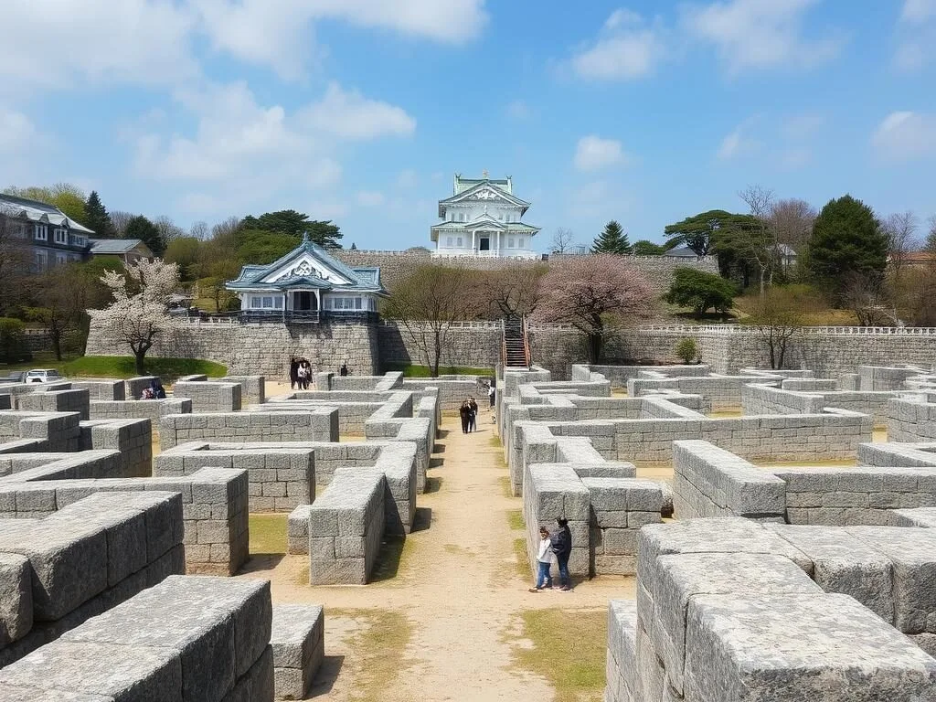 Stone walls and foundations of Fukuoka Castle ruins in Maizuru Park with cherry blossoms