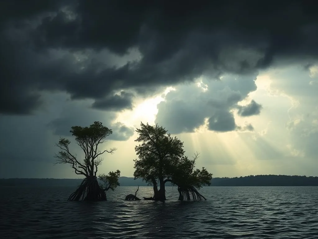 Storm clouds gathering over Reelfoot Lake with dramatic lighting