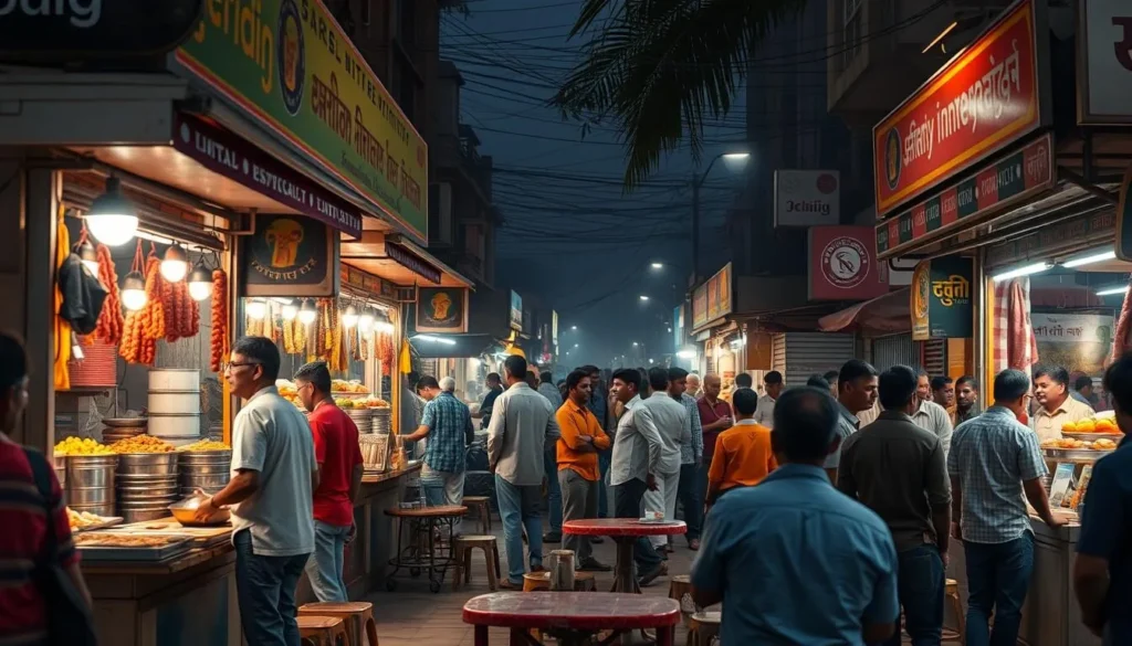 Street food stalls in Ahmedabad serving local specialties like dhokla, fafda, and jalebi Street food stalls in Ahmedabad serving local specialties like dhokla, fafda, and jalebi