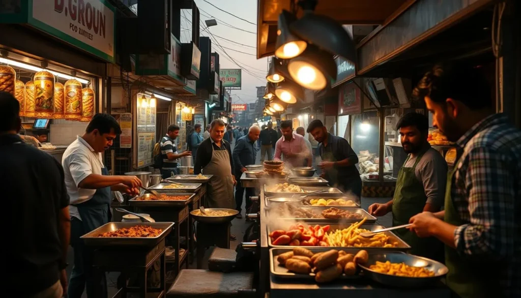 Street food vendors at D Ground Food Street in Faisalabad preparing local delicacies
