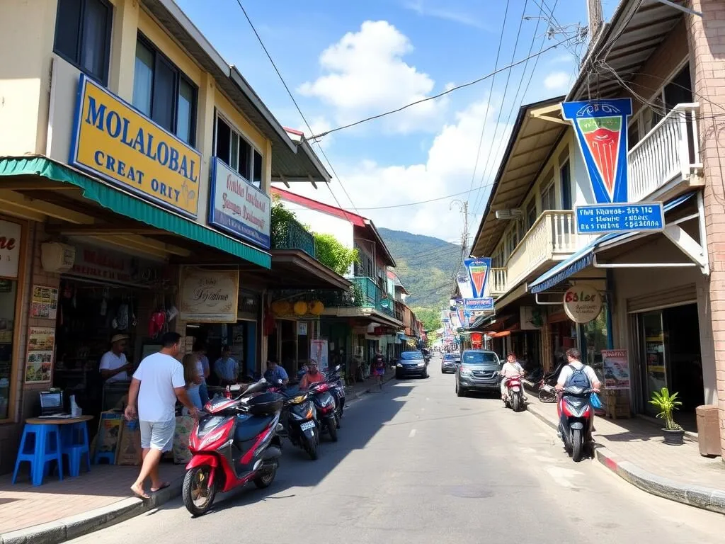 Street view of Moalboal town with local shops and transportation