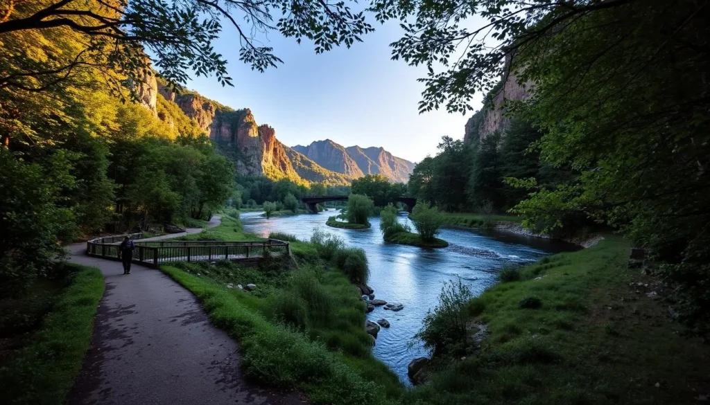 Stroll along the serene River Metuje, surrounded by lush green foliage and towering cliffs. Capture the tranquil atmosphere as the gentle current flows, reflecting the warm sunlight that filters through the canopy of trees. In the foreground, a well-maintained walking path winds through the natural landscape, inviting visitors to explore the serene outdoor haven. The middle ground features a small bridge crossing the river, allowing for picturesque vantage points. In the distance, the rugged silhouette of the Orlické Mountains provides a majestic backdrop, completing the picturesque scene. Photograph this enchanting natural setting with a wide-angle lens to showcase the breathtaking scale and depth of the environment.