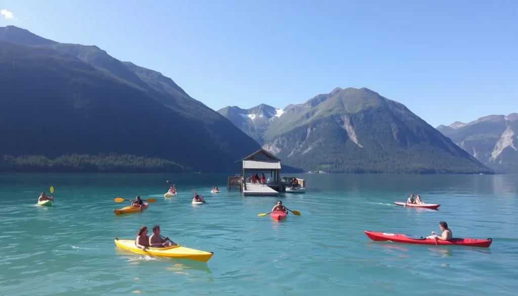 Stunning lakeside scenery of Lake Snasavatnet, Norway, on a bright, sunny day. In the foreground, a group of people engaged in various water activities - kayaking, paddle boarding, and swimming in the crystal-clear turquoise waters. In the middle ground, a picturesque wooden dock extends into the lake, with people relaxing on its edge. The background features lush, verdant mountains rising up on either side of the lake, their peaks adorned with a light dusting of snow. The lighting is soft and natural, creating a serene and inviting atmosphere. Captured with a wide-angle lens to showcase the breathtaking scale and beauty of this idyllic Nordic landscape.