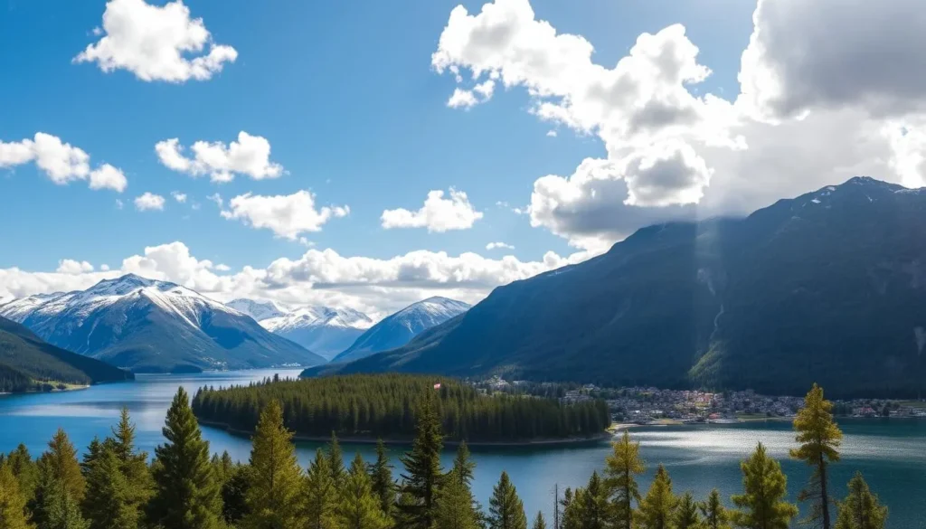 Stunning panoramic landscape of Voss, Norway, set against a backdrop of majestic, snow-capped mountains. In the foreground, a tranquil lake reflects the azure sky and fluffy white clouds. Verdant pine forests line the shores, their evergreen hues contrasting with the rocky cliffs. Sunlight filters through the scene, casting a warm, golden glow and creating a serene, peaceful atmosphere. The composition captures the breathtaking natural beauty of this picturesque Norwegian town, inviting the viewer to explore its stunning setting.