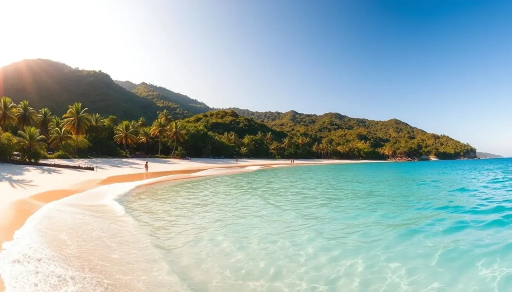 Stunning panoramic view of the idyllic beaches of Angra dos Reis, Brazil. Crystal-clear turquoise waters gently lapping against the pristine white sand. Lush, verdant hills dotted with swaying palm trees form a picturesque backdrop. Warm, golden sunlight casts a tranquil glow over the serene scene. A picture-perfect tropical paradise, inviting visitors to bask in the breathtaking natural beauty. Capture the essence of Angra dos Reis' most alluring coastal landscapes through a wide-angle lens, showcasing the region's breathtaking beaches in all their glory.