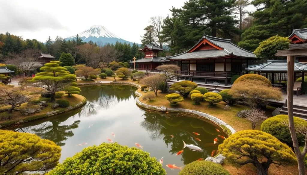 Suizenji Jojuen Garden in Kumamoto featuring a miniature Mount Fuji, traditional Japanese landscape design with a serene pond and meticulously maintained gardens Suizenji Jojuen Garden in Kumamoto featuring a miniature Mount Fuji, traditional Japanese landscape design with a serene pond and meticulously maintained gardens