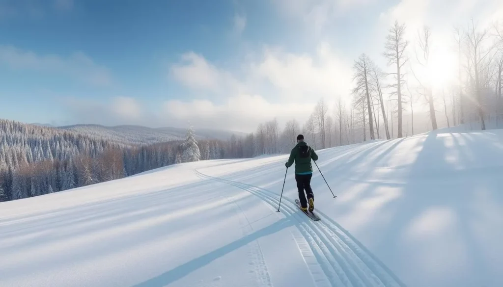 Sumava cross-country skiing on a crisp winter day, with snow-capped peaks and a tranquil forest backdrop. A skier glides effortlessly through the pristine landscape, their tracks winding through the serene white expanse. Soft, diffused sunlight filters through the bare trees, creating a magical, ethereal atmosphere. The scene captures the beauty and peacefulness of winter in the Sumava Mountains, Czechia, inviting the viewer to experience the thrill of outdoor adventure amidst the natural splendor.