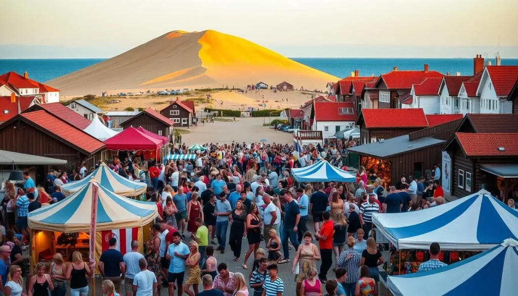 Summer festivals in Nida, a charming coastal town in Lithuania, bustling with vibrant celebrations. In the foreground, vibrant crowds of locals and tourists fill the streets, dancing to traditional folk music and enjoying delectable local cuisine. Colorful tents and stalls dot the scene, offering handcrafted souvenirs and artisanal wares. The middle ground features a majestic sand dune, its golden slopes contrasting with the deep blue of the Baltic Sea. In the background, the iconic wooden houses of Nida's historic center stand tall, their red roofs and white facades bathed in the warm, golden light of a summer evening. The atmosphere is one of joyous revelry, capturing the essence of Nida's seasonal celebrations.