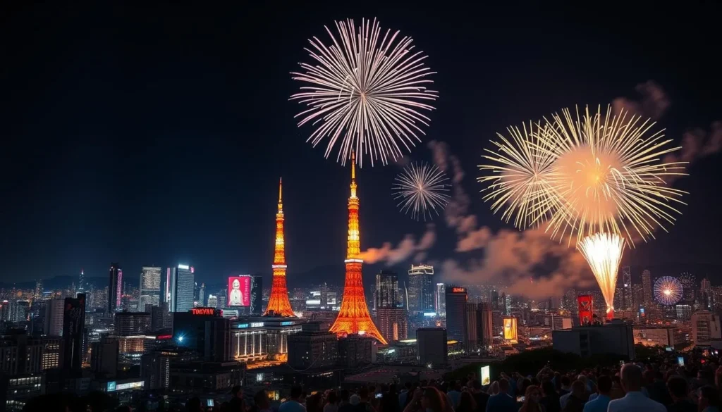 Summer fireworks festival (hanabi) over Tokyo skyline, a seasonal highlight when exploring the best things to do in Tokyo Japan Summer fireworks festival (hanabi) over Tokyo skyline, a seasonal highlight when exploring the best things to do in Tokyo Japan