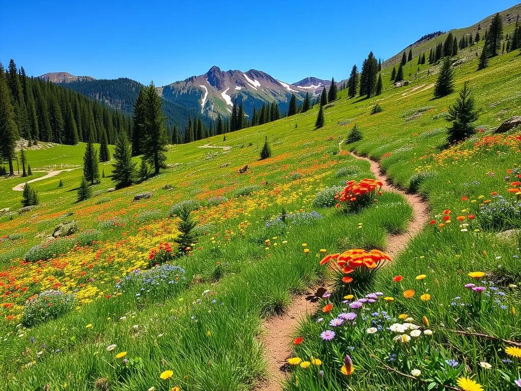 Summer hiking trail in Wolf Creek area with alpine wildflowers Summer hiking trail in Wolf Creek area with alpine wildflowers