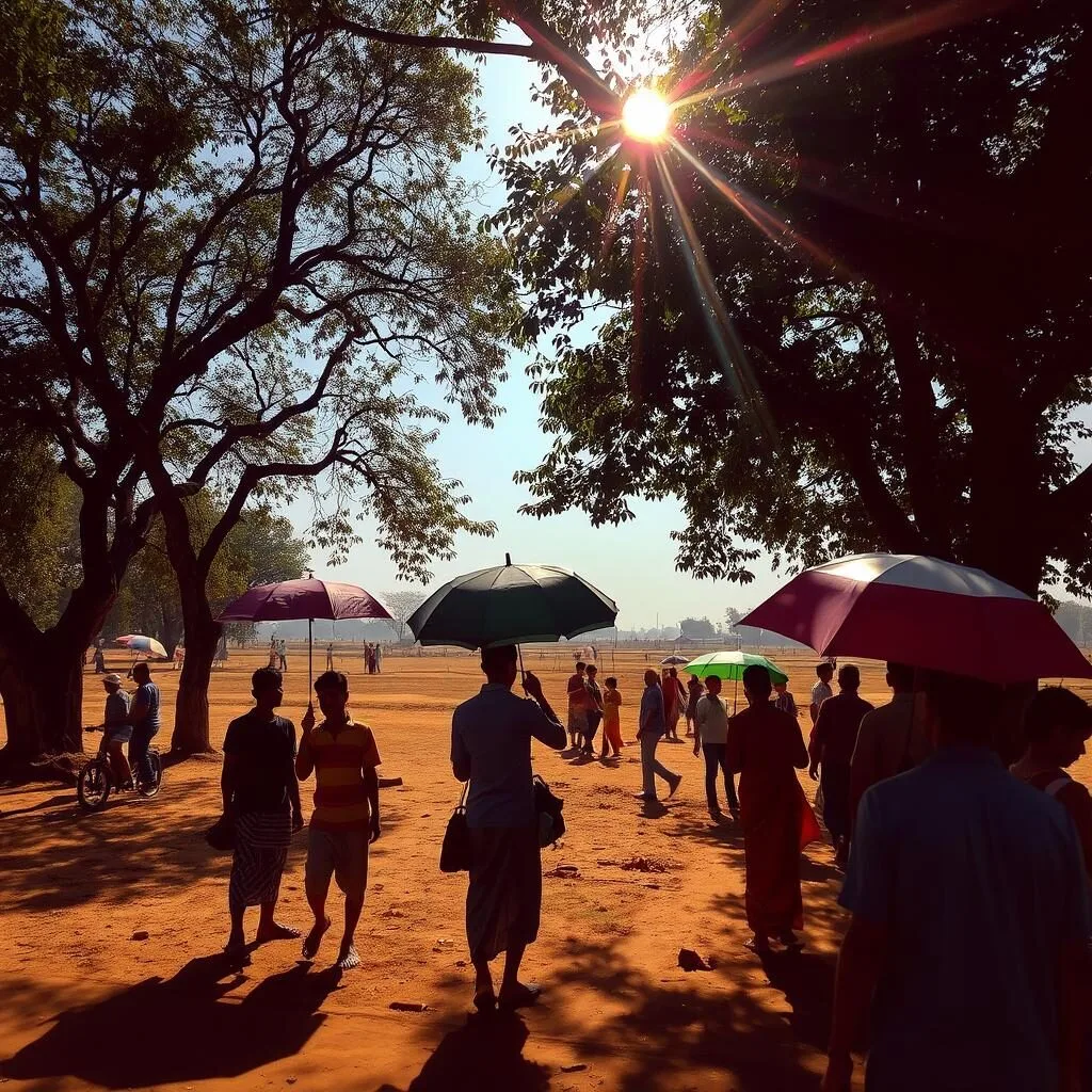 Summer in Jamalpur showing locals seeking shade under trees during hot afternoon