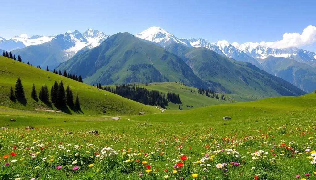 Summer in Neelam Valley showing lush green meadows with colorful wildflowers and snow-capped mountains in the background Summer in Neelam Valley showing lush green meadows with colorful wildflowers and snow-capped mountains in the background