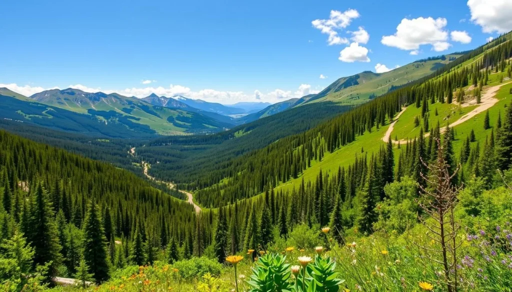 Summer landscape of Wolf Creek area showing mountains, forests and hiking trails Summer landscape of Wolf Creek area showing mountains, forests and hiking trails