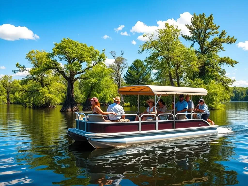 Summer pontoon boat tour on Reelfoot Lake with cypress trees