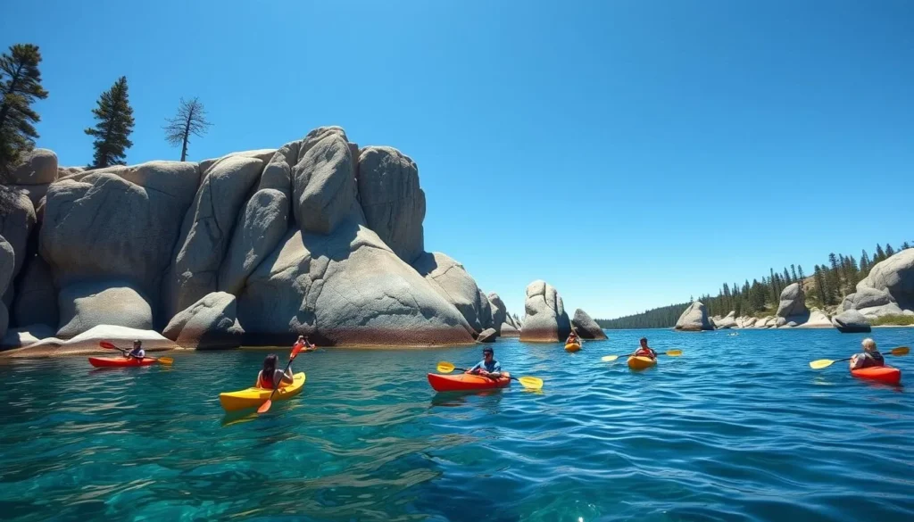 Summer view of Big Bear Boulder Bay with people kayaking around rock formations Summer view of Big Bear Boulder Bay with people kayaking around rock formations