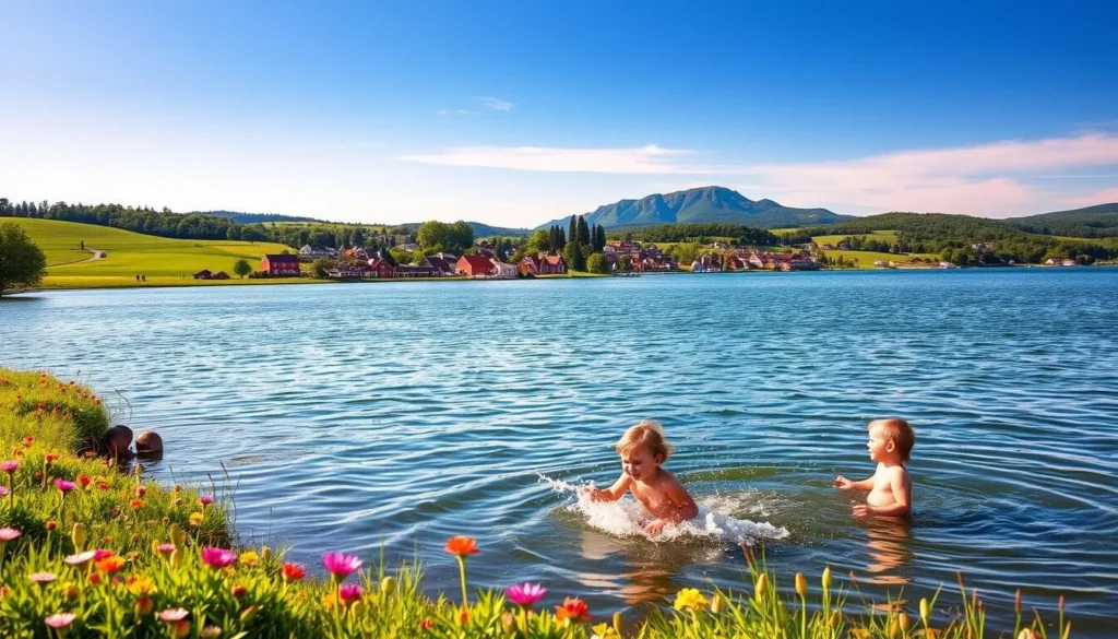 Summertime in Örebro County, Sweden: lush meadows dotted with vibrant wildflowers, crystal-clear lakes reflecting the azure sky, and families enjoying outdoor adventures. In the foreground, children splash in the cool waters, their laughter echoing across the tranquil scene. The middle ground showcases a picturesque town with charming red-roofed buildings, surrounded by verdant hills. In the distance, the majestic Kilsbergen mountain range stands tall, bathed in warm, golden light. Capture the essence of this idyllic Swedish summer, with a soft, dreamlike atmosphere and a sense of peaceful serenity.