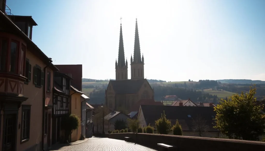 Sumperk, a picturesque Czech town, stands tall with its well-preserved historical buildings. In the foreground, a quaint cobblestone street leads past a charming townhouse, its facade adorned with intricate architectural details. In the middle ground, the spires of the Church of the Assumption of the Virgin Mary rise majestically, their gothic architecture casting long shadows across the scene. Behind them, the rolling hills of the surrounding countryside provide a serene backdrop, bathed in the warm glow of a sunny afternoon. The overall atmosphere evokes a sense of timeless elegance and the enduring spirit of this historic town.